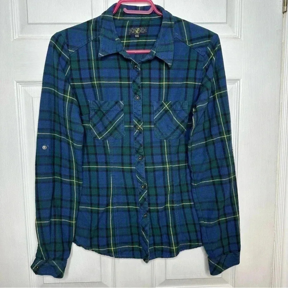G21 Plaid  Shirt Button-Up Blue/Green/Yellow Size Medium